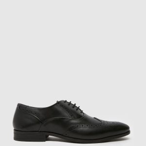 LUC467 Black Wide Fit Leather Contrast Sole Brogue Shoes